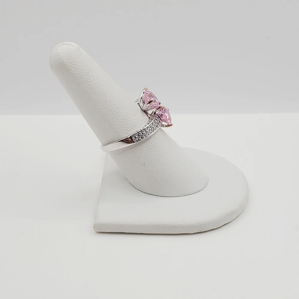 Pink Double Heart Silver Ring